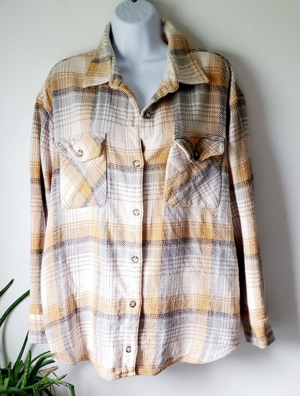 Northern Reflec Womens Yellow Plaid Cotton Button Down Flannel Shirt Size L Boho